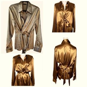 New York & Company gold satin tie blouse
